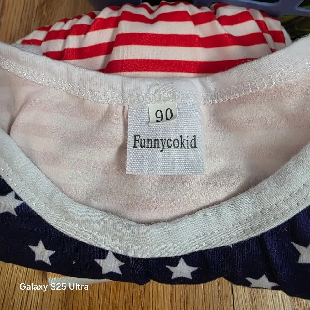 Funnycokid stars and stripes 4th of July cinched waist bodysuit sz 90 US 12-18mo